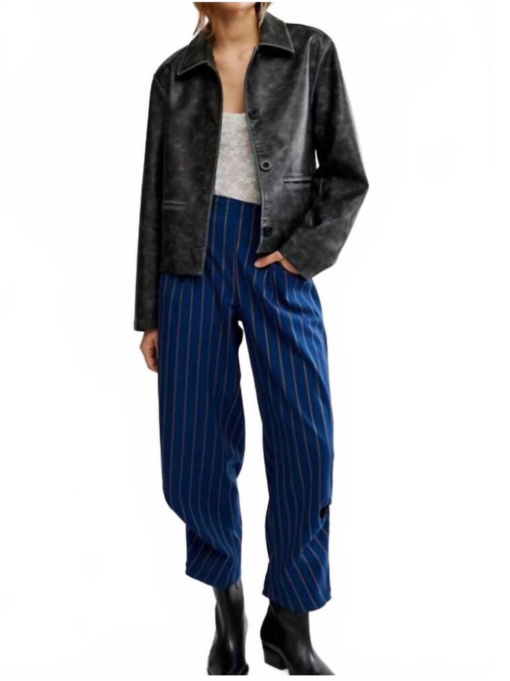 NWOT FREE PEOPLE Nice Choice Pull On Pant In Navy Combo - Pinstripe $119